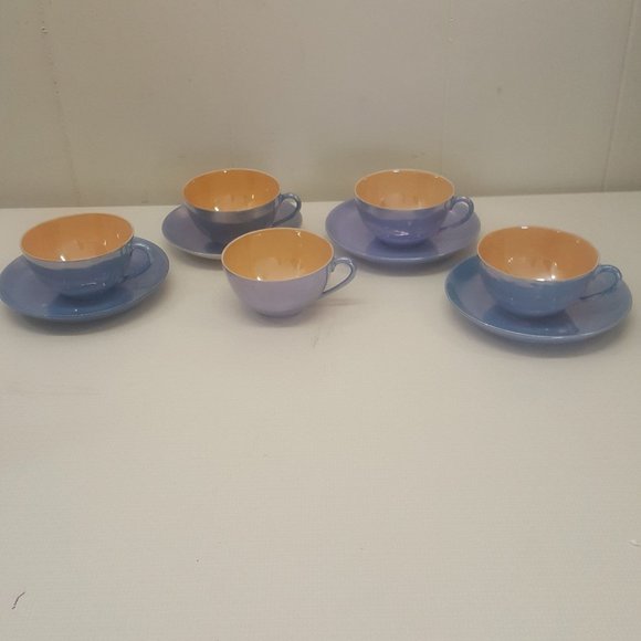 Meito China Handpainted in Japan Blue Orange Lusterware Cups Saucers Set of 4